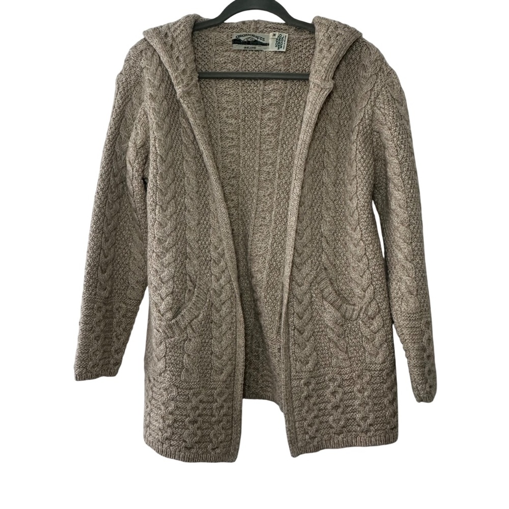 Aran Crafts Ireland 100% wool cardigan sweater M oatmeal chunky cable knit